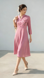 Zinora Women Pink Embroidered A-Line Midi Dress - Image 2