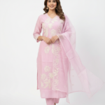 Zinora Women Pink Embroidered Kurti Pant Set with Dupatta