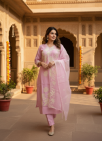 Zinora Women Pink Embroidered Kurti Pant Set with Dupatta - Image 3