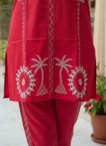 Zinora Red Embroidered Kurti Pant Co-ord Set for Women - Image 3