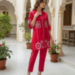 Zinora Red Embroidered Kurti Pant Co-ord Set for Women