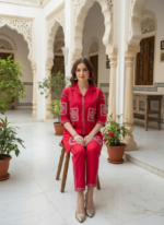 Zinora Red Embroidered Kurti Pant Co-ord Set for Women - Image 5