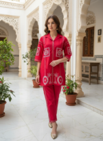 Zinora Red Embroidered Kurti Pant Co-ord Set for Women - Image 6