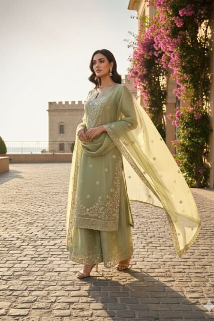 Zinora Women Olive Green Embroidered Kurta Palazzo Set with Dupatta | Festive Ethnic Suit