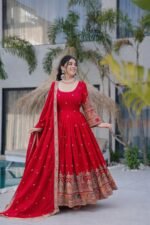 Premium Designer Red Gown Pant Dupatta Set – Fully Stitched Party Wear