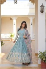 Zinora™ Premium Designer Gown with Floral Dupatta – Wedding & Festive Wear - Image 6