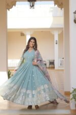 Zinora™ Premium Designer Gown with Floral Dupatta – Wedding & Festive Wear - Image 4