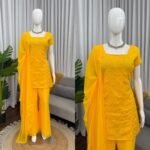 ZINORA Designer Yellow 3 Piece Ethnic Set with Sequins Work | Faux Georgette Kurti Palazzo Dupatta - Image 8