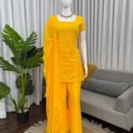 ZINORA Designer Yellow 3 Piece Ethnic Set with Sequins Work | Faux Georgette Kurti Palazzo Dupatta