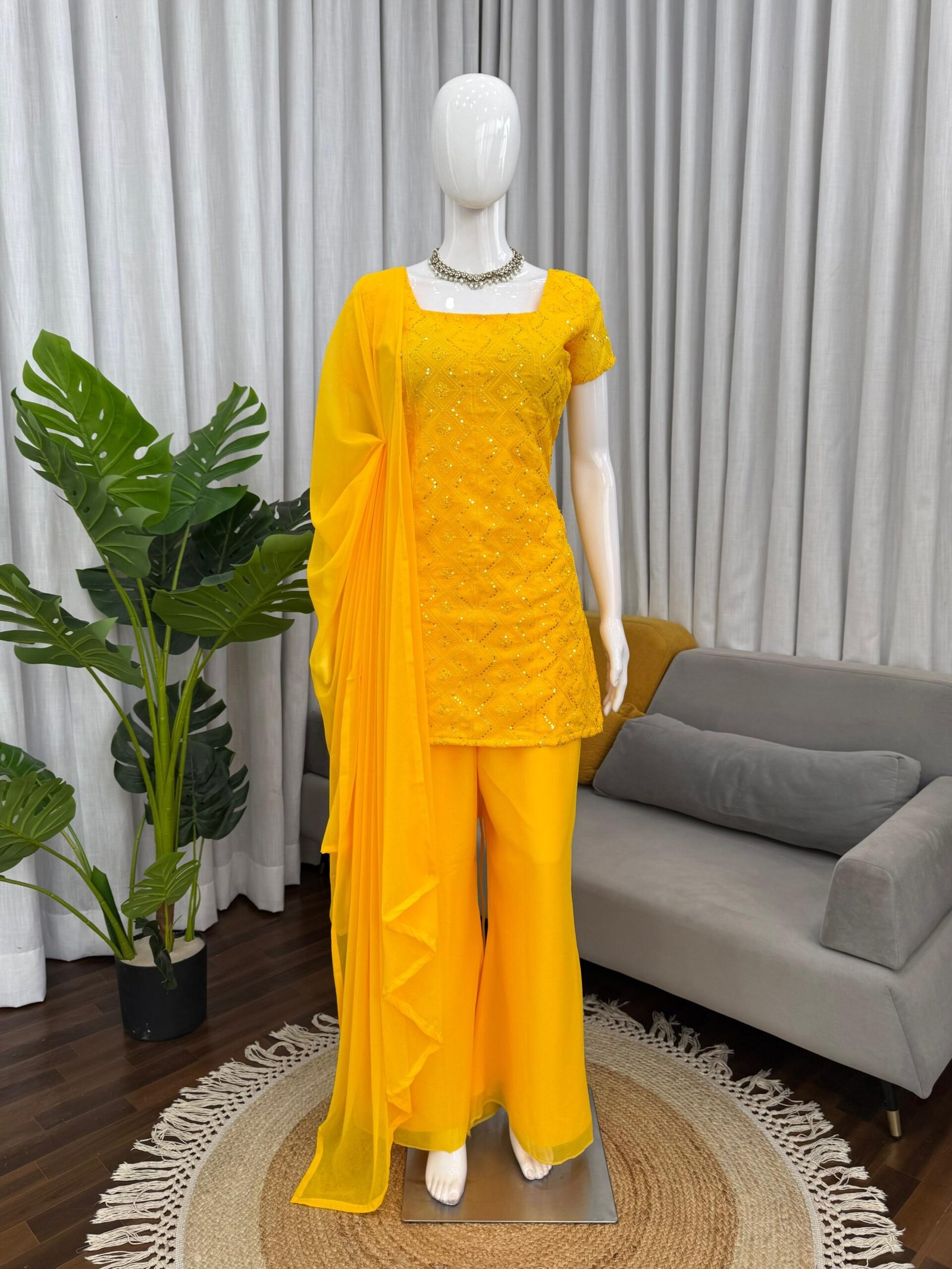 WhatsAppImage2026-02-12at12.17.07PM ZINORA Designer Yellow 3 Piece Ethnic Set with Sequins Work | Faux Georgette Kurti Palazzo Dupatta - Image 1
