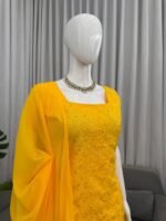 ZINORA Designer Yellow 3 Piece Ethnic Set with Sequins Work | Faux Georgette Kurti Palazzo Dupatta - Image 7