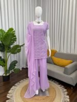 ZINORA Designer Yellow 3 Piece Ethnic Set with Sequins Work | Faux Georgette Kurti Palazzo Dupatta - Image 2