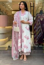 Zinora Mulmul Cotton Ghera Set for Women – White Printed Kurta Pant Dupatta Set - Image 4