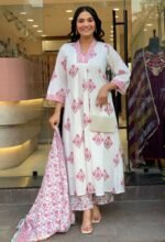 Zinora Mulmul Cotton Ghera Set for Women – White Printed Kurta Pant Dupatta Set - Image 3