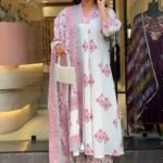 Zinora Mulmul Cotton Ghera Set for Women – White Printed Kurta Pant Dupatta Set