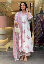 Zinora Mulmul Cotton Ghera Set for Women – White Printed Kurta Pant Dupatta Set