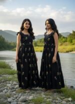 Zinora Black Floral Embroidered Gown for Women – Cotton Fabric | Casual & Festive Wear Long Dress - Image 3