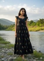 Zinora Black Floral Embroidered Gown for Women – Cotton Fabric | Casual & Festive Wear Long Dress - Image 4