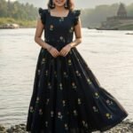 Zinora Black Floral Embroidered Gown for Women – Cotton Fabric | Casual & Festive Wear Long Dress