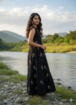 Zinora Black Floral Embroidered Gown for Women – Cotton Fabric | Casual & Festive Wear Long Dress - Image 2